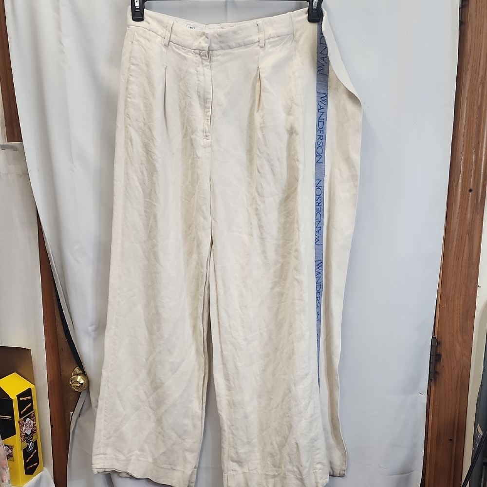 (0434) Cream Wide-Leg Pants with Blue Stripe On Side Panel